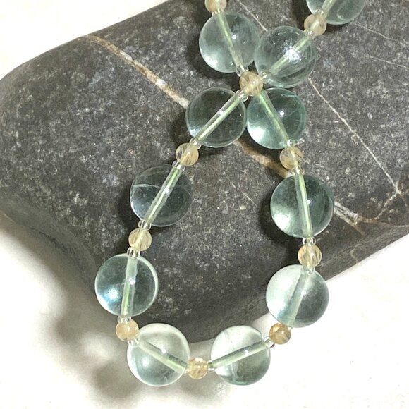 Genuine Green Fluorite & Golden Rutilated Quartz Gemstone Beaded Necklace - Picture 5 of 11
